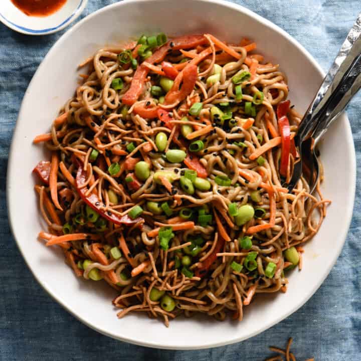 Large white bowl of soba noodles tossed with vegetables, crunchy rice noodles and peanut dressing.