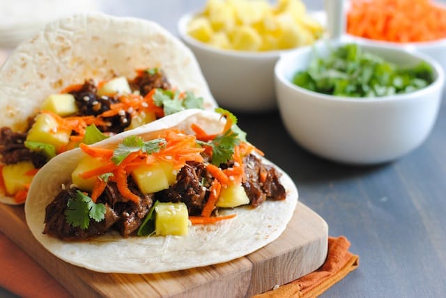 Asian Short Rib Tacos with Pineapple and Crunchy Slaw - a tasty meal where your slow cooker does all the work! | foxeslovelemons.com