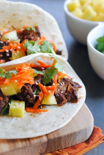 Asian Short Rib Tacos with Pineapple and Crunchy Slaw - a tasty meal where your slow cooker does all the work! | foxeslovelemons.com