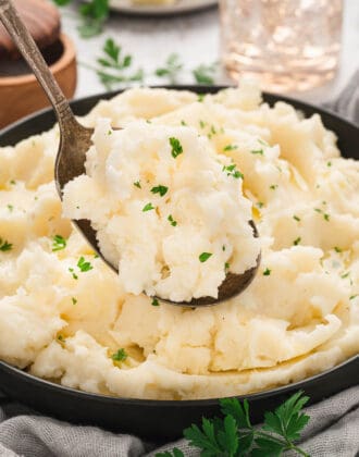 A bowl of a creamy mashed potatoes recipe with a spoon lifting some up.