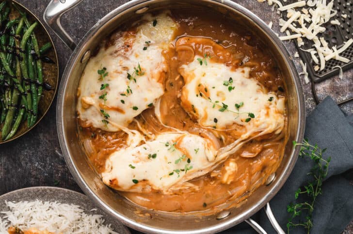 French Onion Chicken Skillet with a side of green beans.