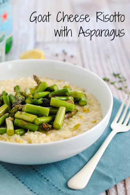 Goat Cheese Risotto with Asparagus - A restaurant-quality dish YOU can make at home. Creamy leek and goat cheese risotto topped with sautéed asparagus. | foxeslovelemons.com