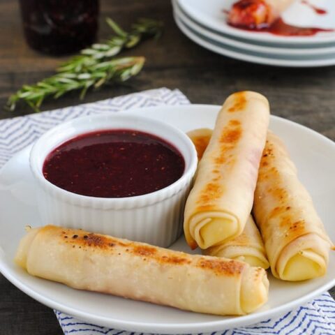 Ham & Mozzarella Sticks with Raspberry-Dijon Dipping Sauce - The appetizer version of a Monte Cristo sandwich! Gooey cheesy and ham sticks dipped in spicy-sweet sauce. Make two, or enough for a crowd! | foxeslovelemons.com