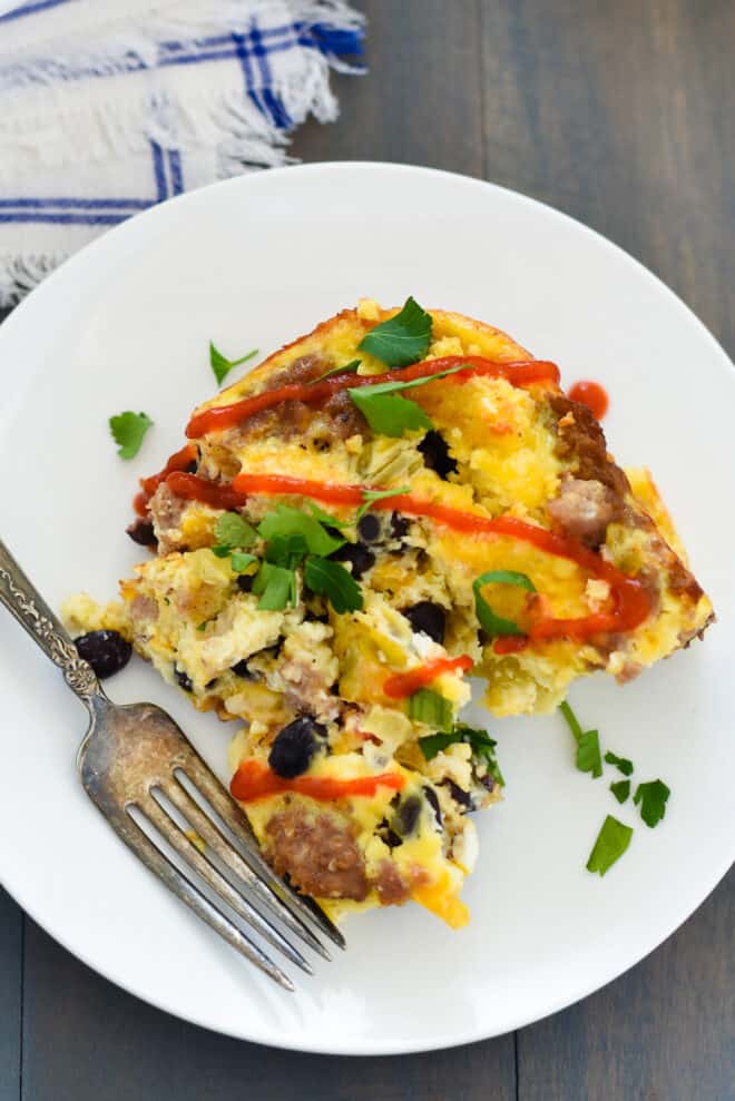 Closeup on egg casserole made with cornbread and beans.