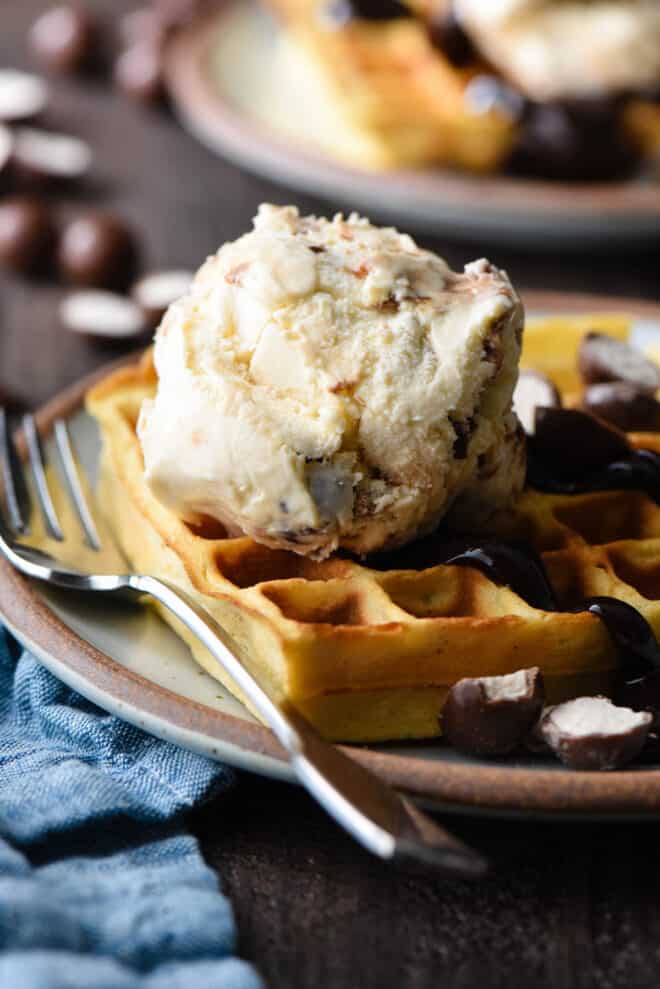 Cream colored plate with brown rim, with a waffle topped with chocolate sauce and a scoop of ice cream.