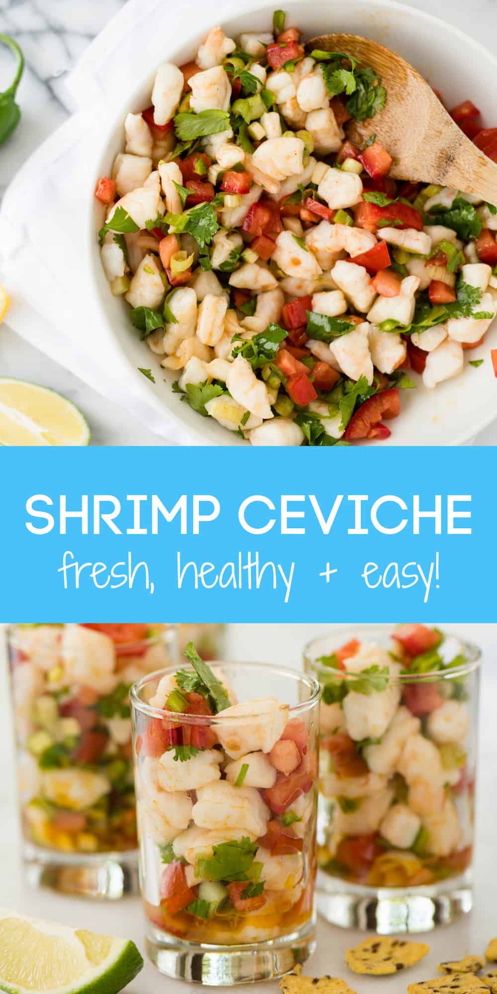 Fresh, healthy and easy! This Shrimp Ceviche recipe will wow as a restaurant-quality party appetizer that is so simple to make at home. | foxeslovelemons.com