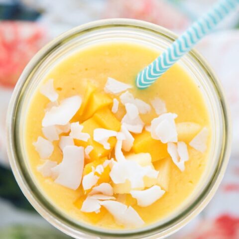 Tropical Sun Smoothie - Wake up your taste buds with this quick and healthful blender breakfast - a combination of pineapple, mango, banana, coconut and vanilla yogurt. | foxeslovelemons.com